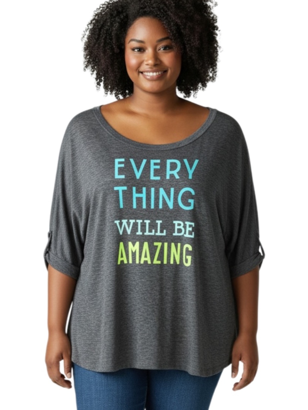 Old Navy Dark Gray Scoop Neck Tee with Aqua and Lime Graphic